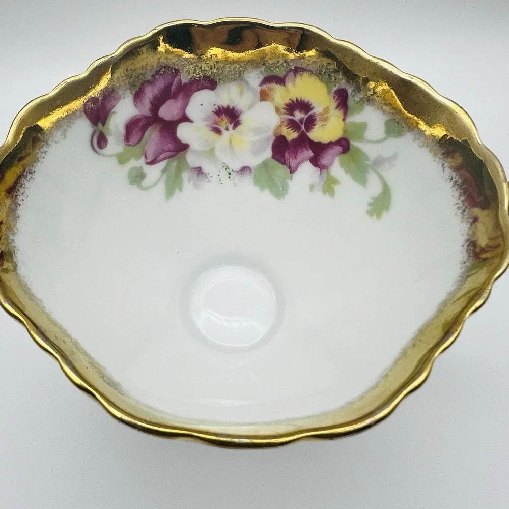 Norcrest Teacup Saucer Gold Encrusted Pansy Floral Footed China Japan Vintage
